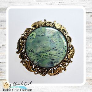 Hand Painted Green Porcelain Brooch